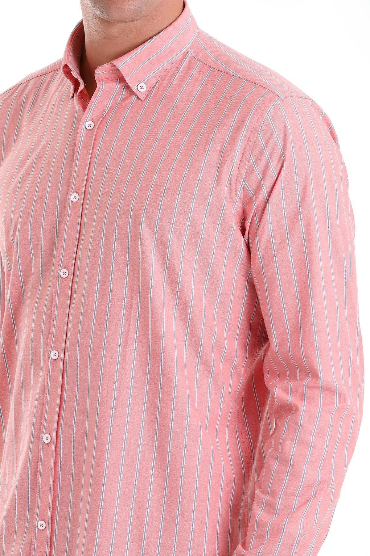 Slim Fit Striped Cotton Blend Orange Casual Shirt