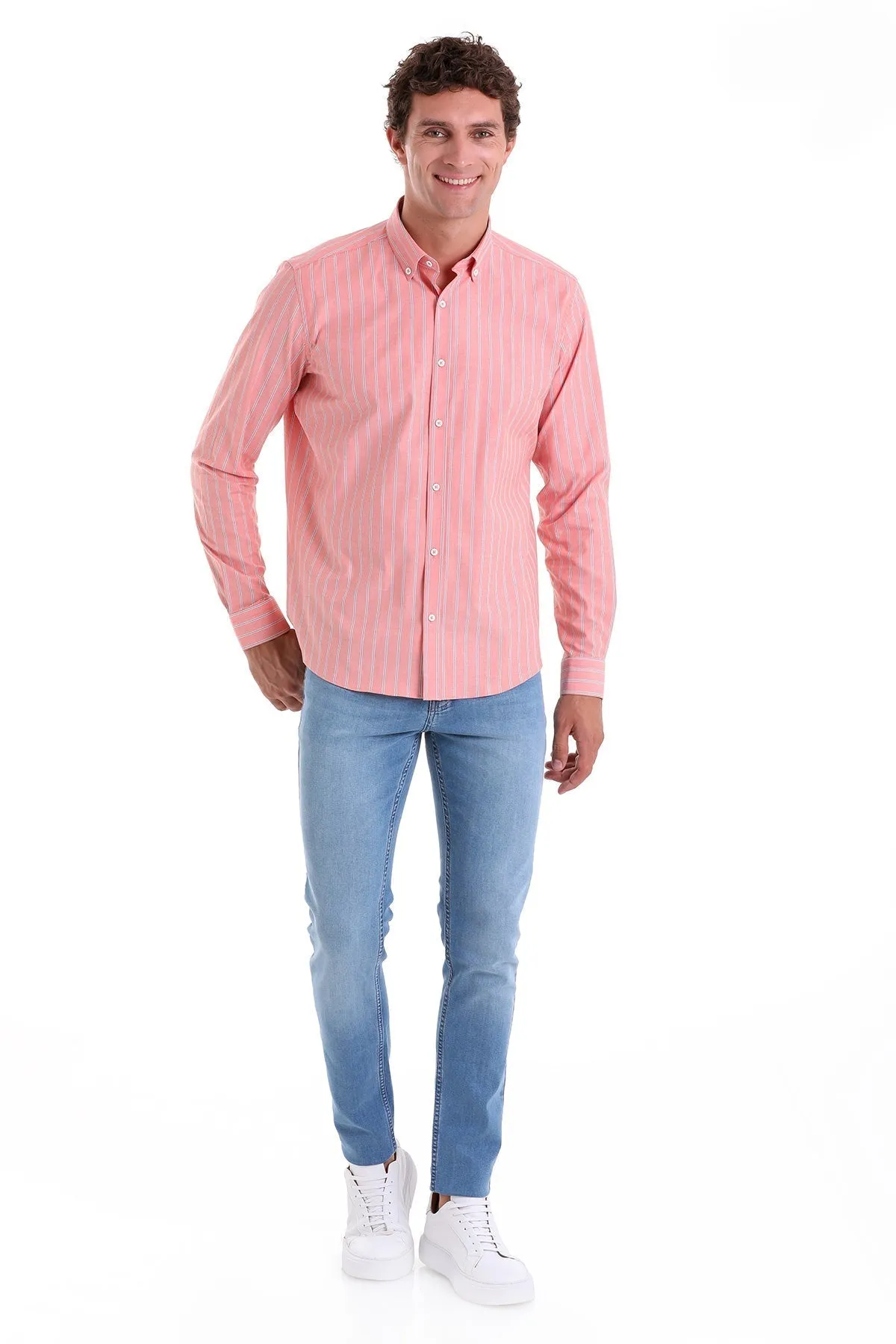 Slim Fit Striped Cotton Blend Orange Casual Shirt