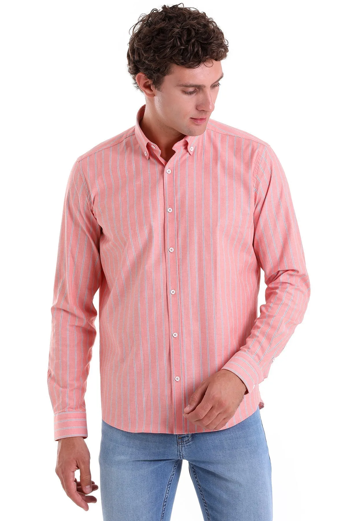 Slim Fit Striped Cotton Blend Orange Casual Shirt