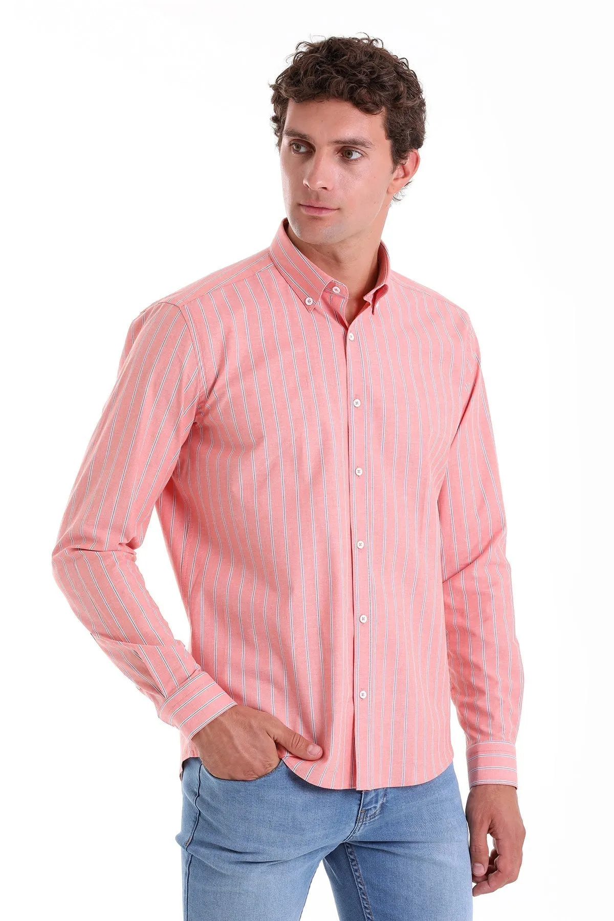 Slim Fit Striped Cotton Blend Orange Casual Shirt