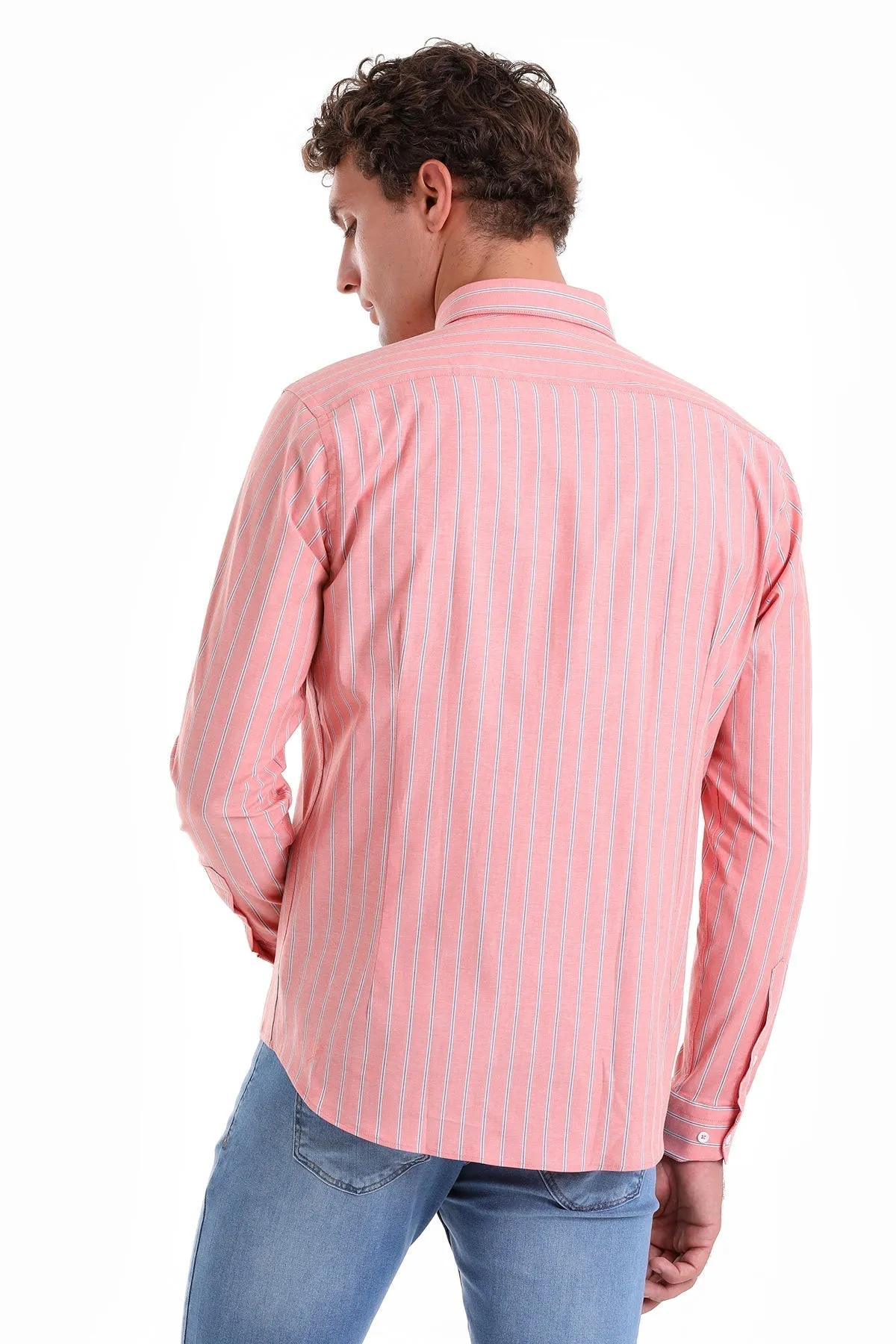 Slim Fit Striped Cotton Blend Orange Casual Shirt