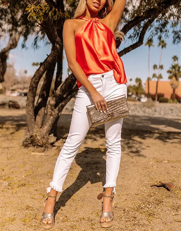 Slim Summer V-neck Sleeveless Satin T-shirt