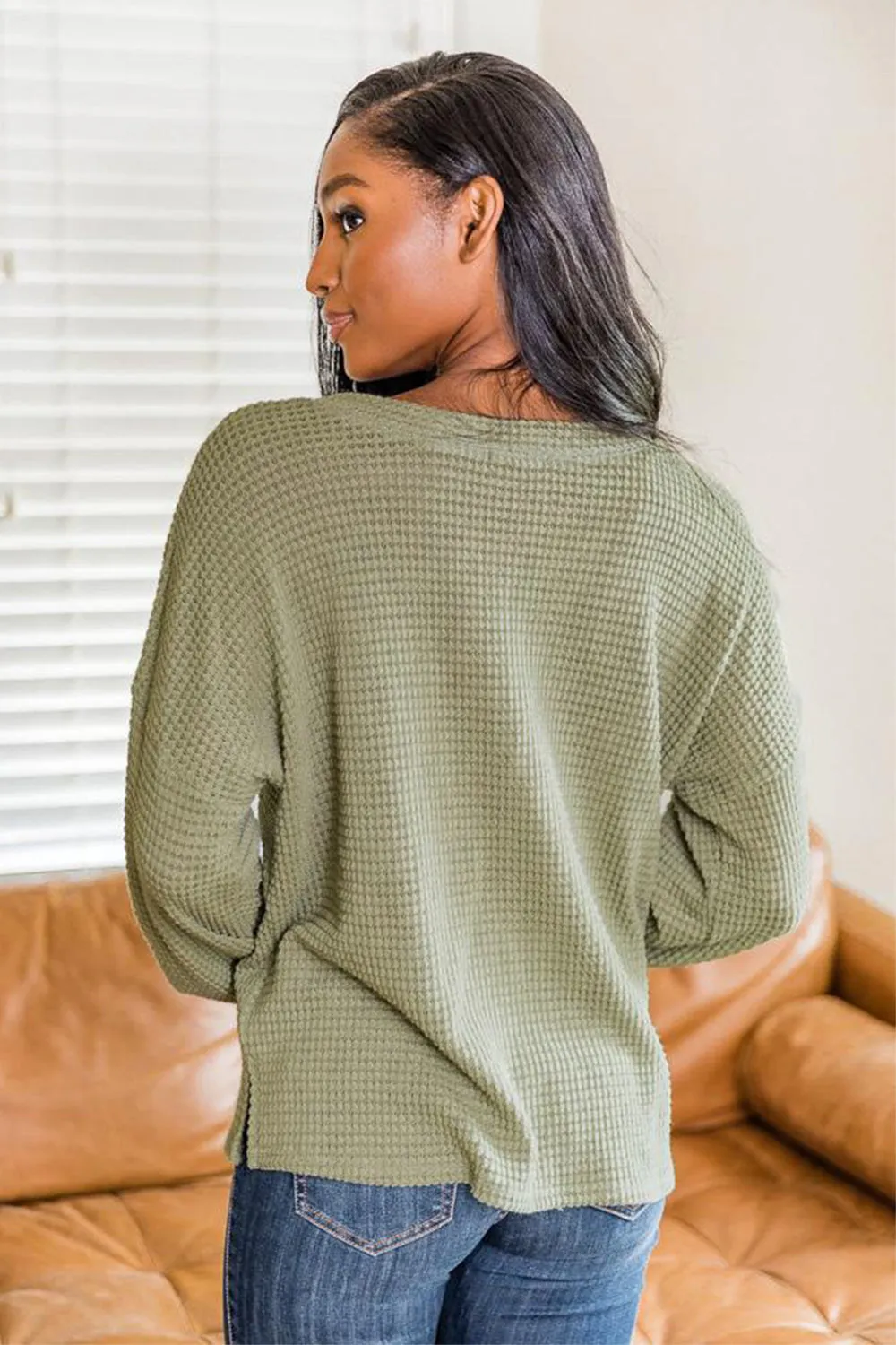 Slit Waffle Knit Long Sleeve T-Shirt | Winter Fashion | Casual Tops