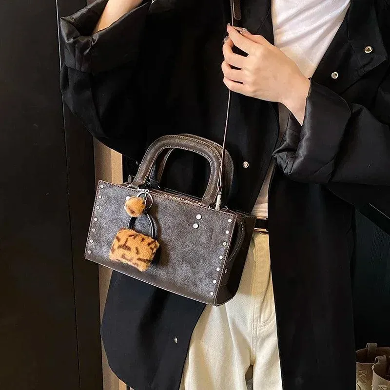 Small Leather Tote Bags Zipper Leopard Faux Fur Pendant Accessories Crossbody