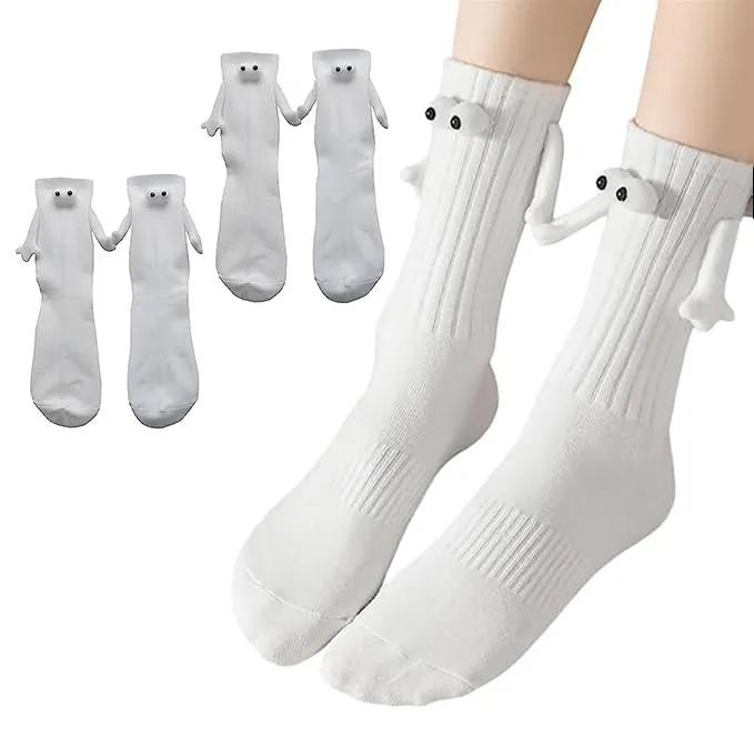 Smilelife Magnetic Holding Hands Socks Funny Couple Tube Socks Friendship Gift for Men Women (2 Pair White)