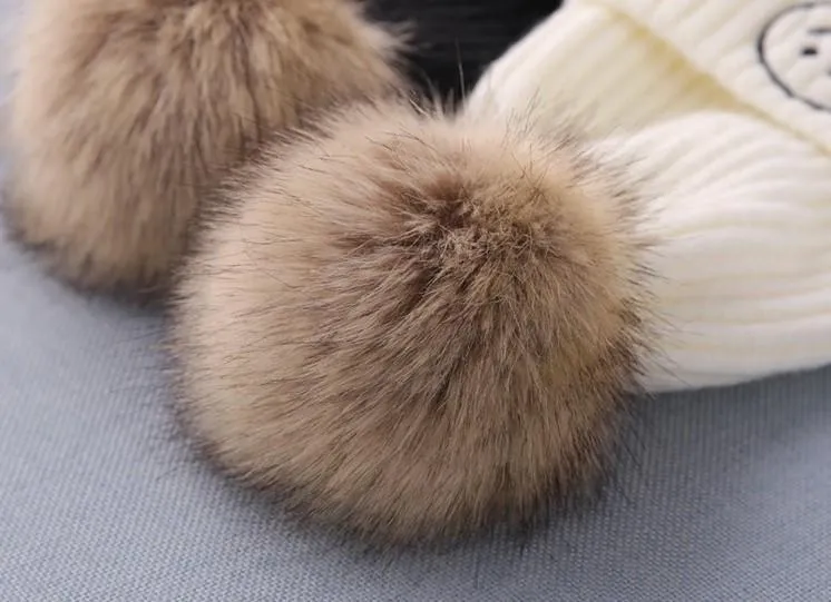 Smiley Pom Pom Baby Winter Cap - Brown