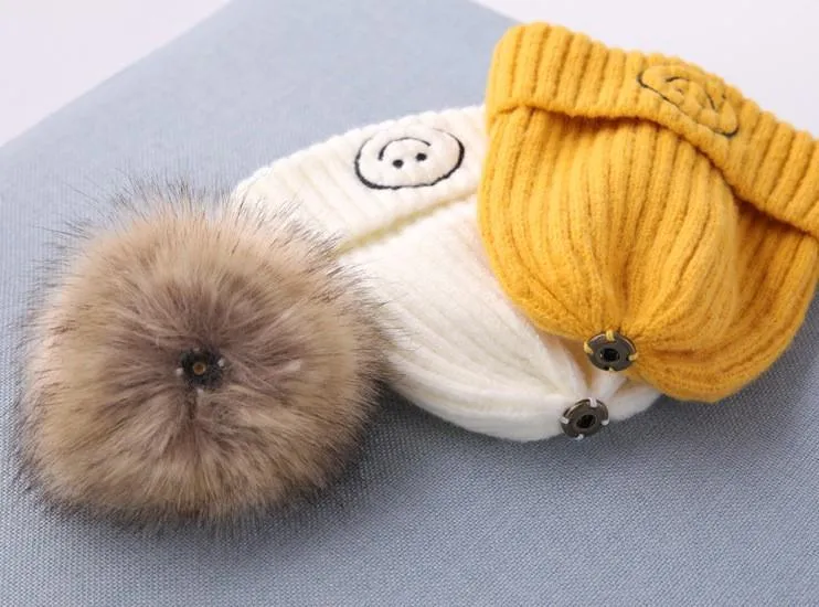 Smiley Pom Pom Baby Winter Cap - Brown