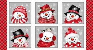 Snow Crew | Red / Gray 24" Snowmen Block Panel by Barb Tourtillotte for Henry Glass | 1284-89