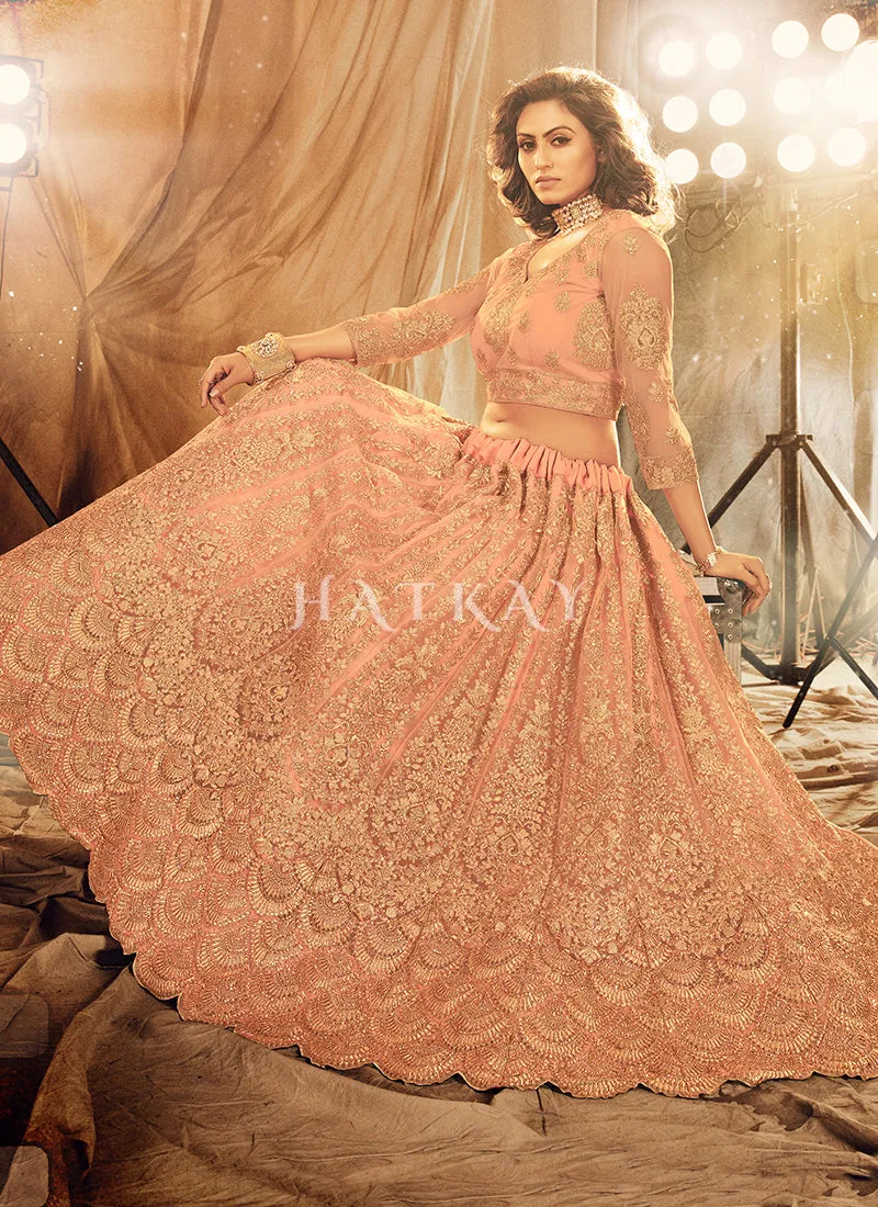 Soft Peach Zari Embroidery Wedding Lehenga Choli