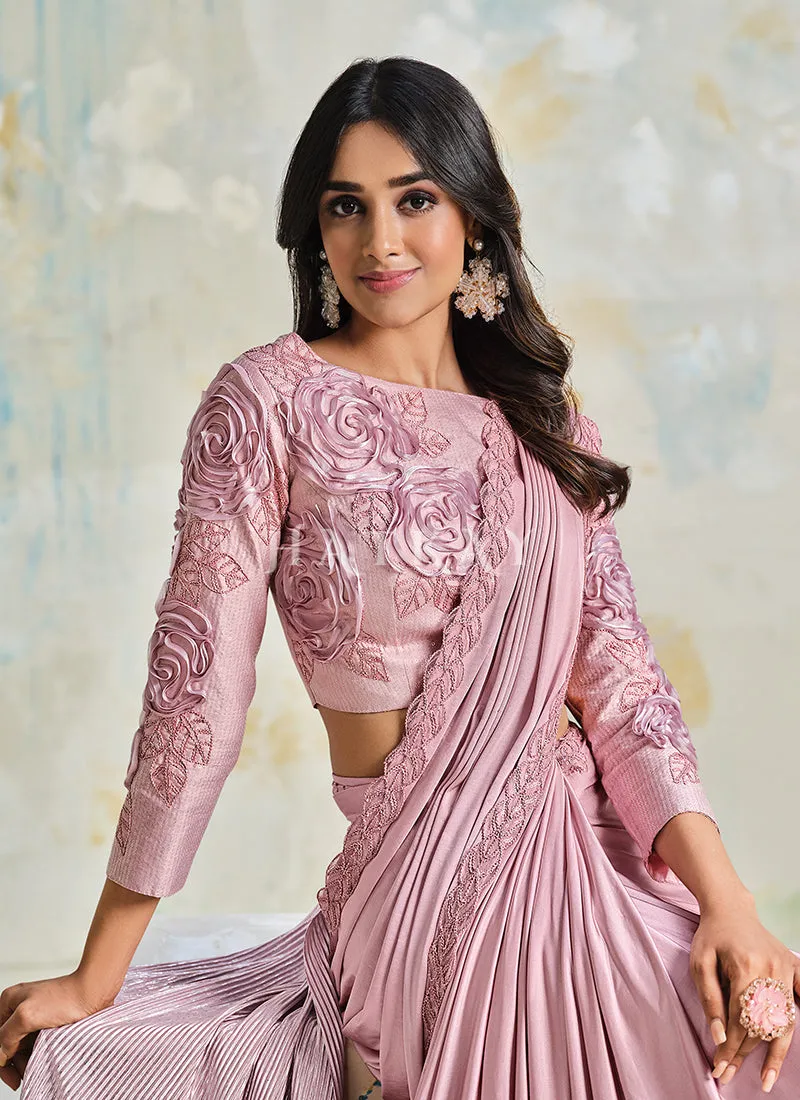 Soft Pink Embroidery Designer Silk Saree