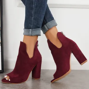 Sohiwoo Cut Out Peep Toe Block Chunky High Heel Ankle Boots