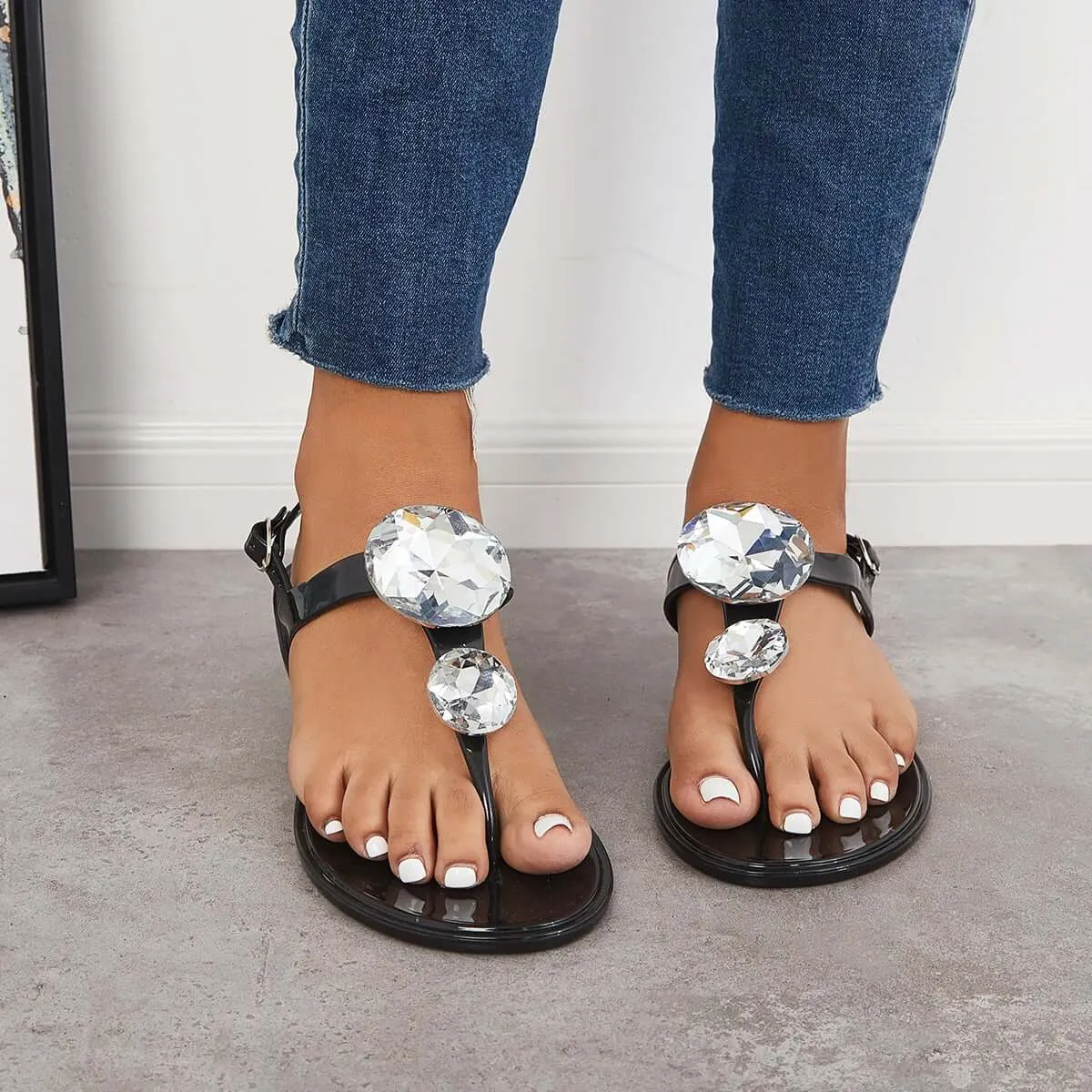 Sohiwoo  Women Handmade Rhinestone Gladiator Flats Flip Flops Sandals