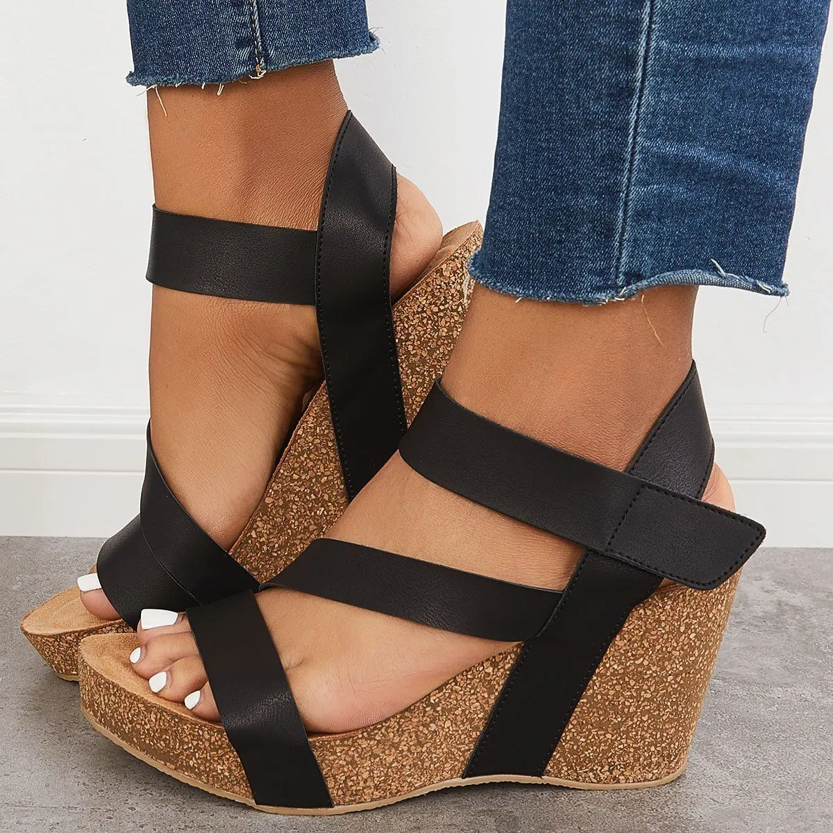 Sohiwoo  Women Wedges Cork Platform Wedges Ankle Sandals Strap Slingback Sandals