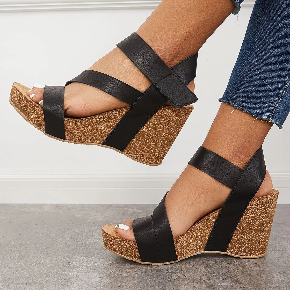 Sohiwoo  Women Wedges Cork Platform Wedges Ankle Sandals Strap Slingback Sandals