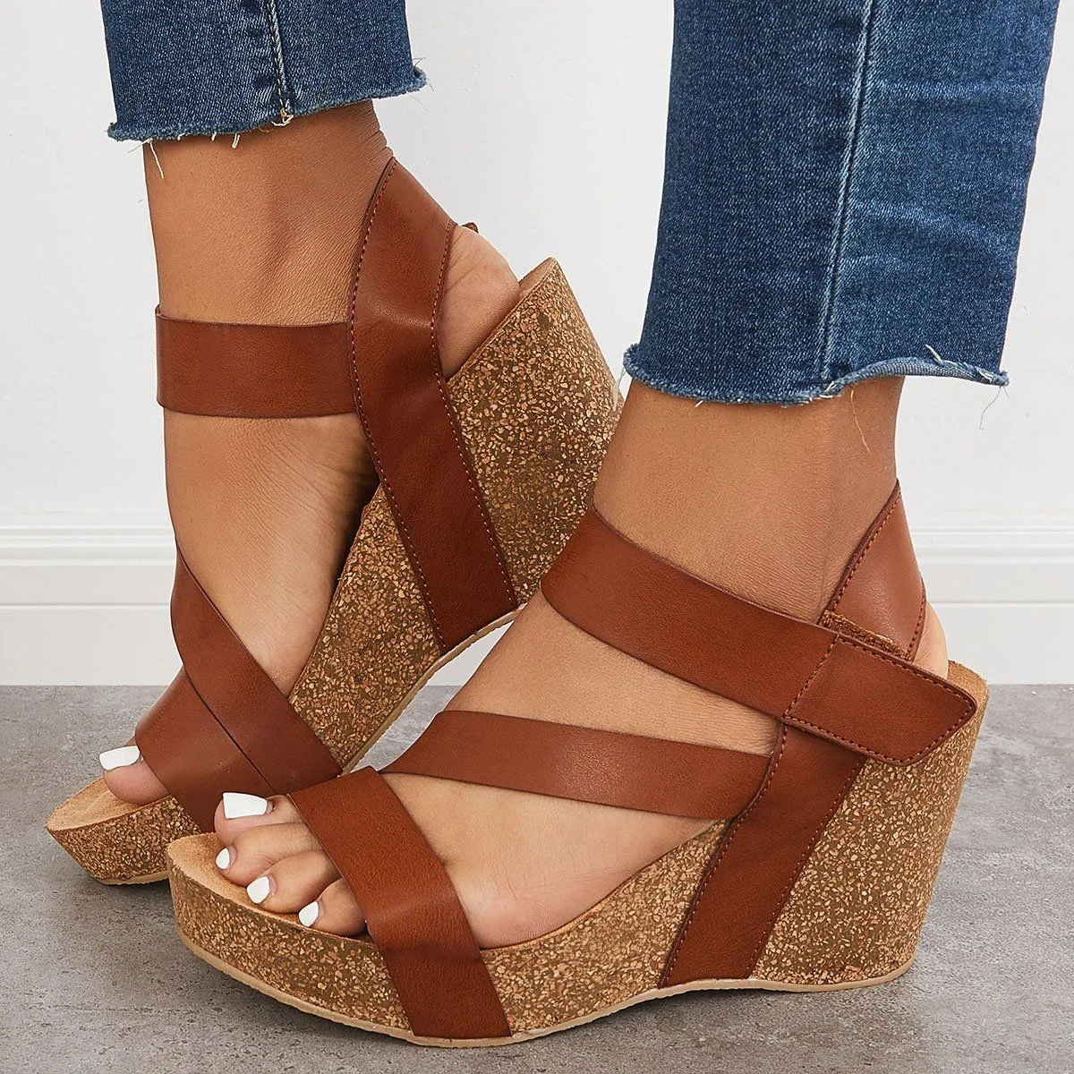 Sohiwoo  Women Wedges Cork Platform Wedges Ankle Sandals Strap Slingback Sandals