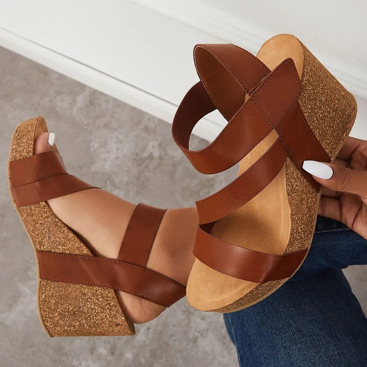 Sohiwoo  Women Wedges Cork Platform Wedges Ankle Sandals Strap Slingback Sandals