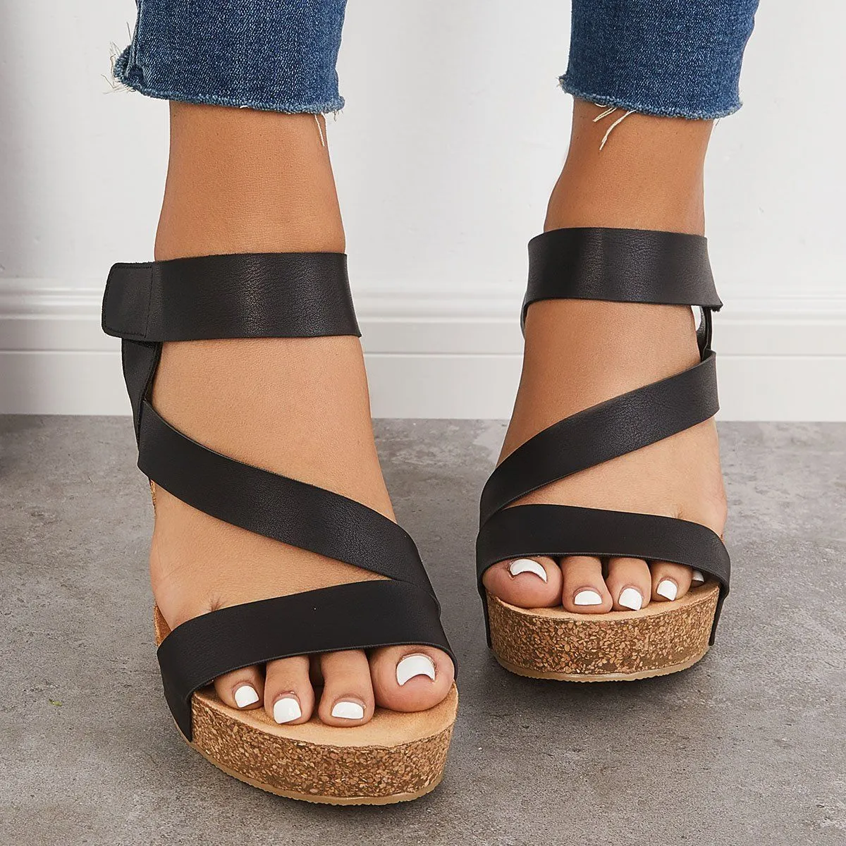 Sohiwoo  Women Wedges Cork Platform Wedges Ankle Sandals Strap Slingback Sandals