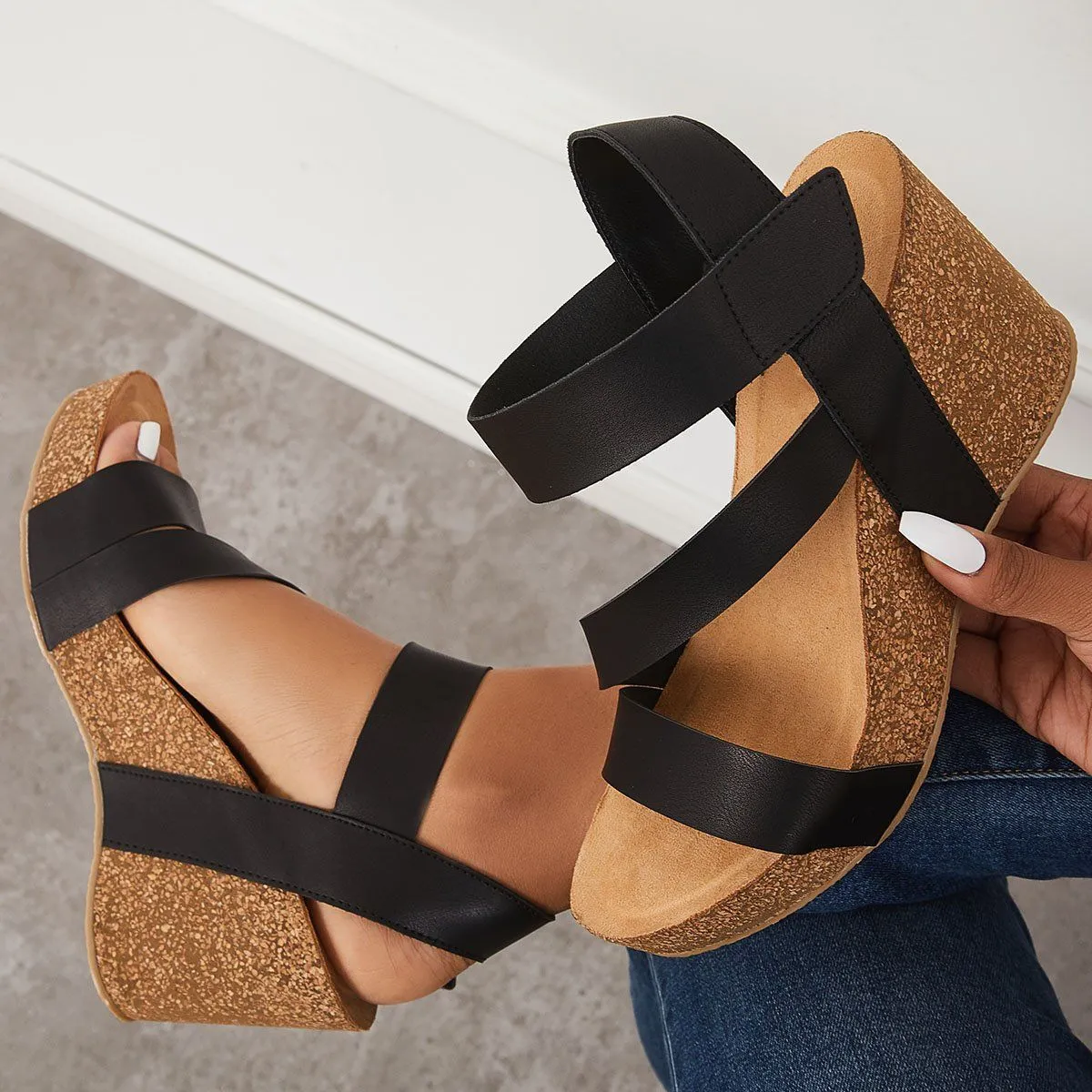 Sohiwoo  Women Wedges Cork Platform Wedges Ankle Sandals Strap Slingback Sandals