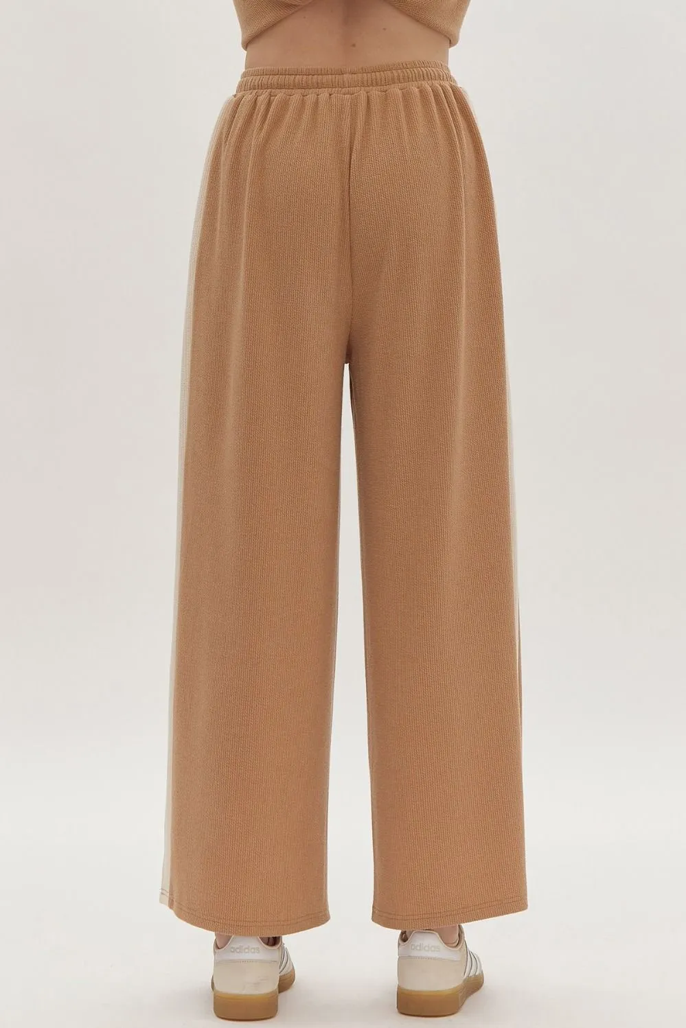 Solid Ribbed Contrast Trim Wide Leg Pants in Camel