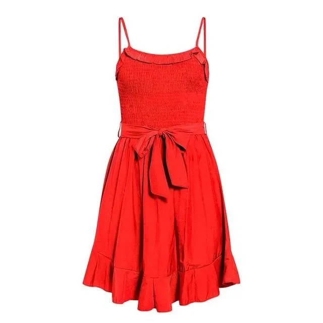Spaghetti Strap Ruffled Ruched High Waist Boho A-line Sundress