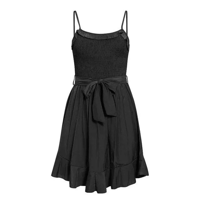 Spaghetti Strap Ruffled Ruched High Waist Boho A-line Sundress