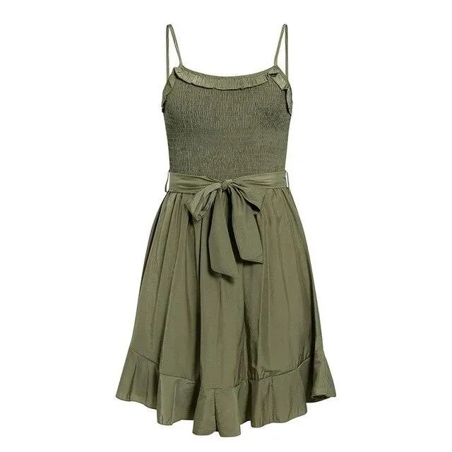 Spaghetti Strap Ruffled Ruched High Waist Boho A-line Sundress