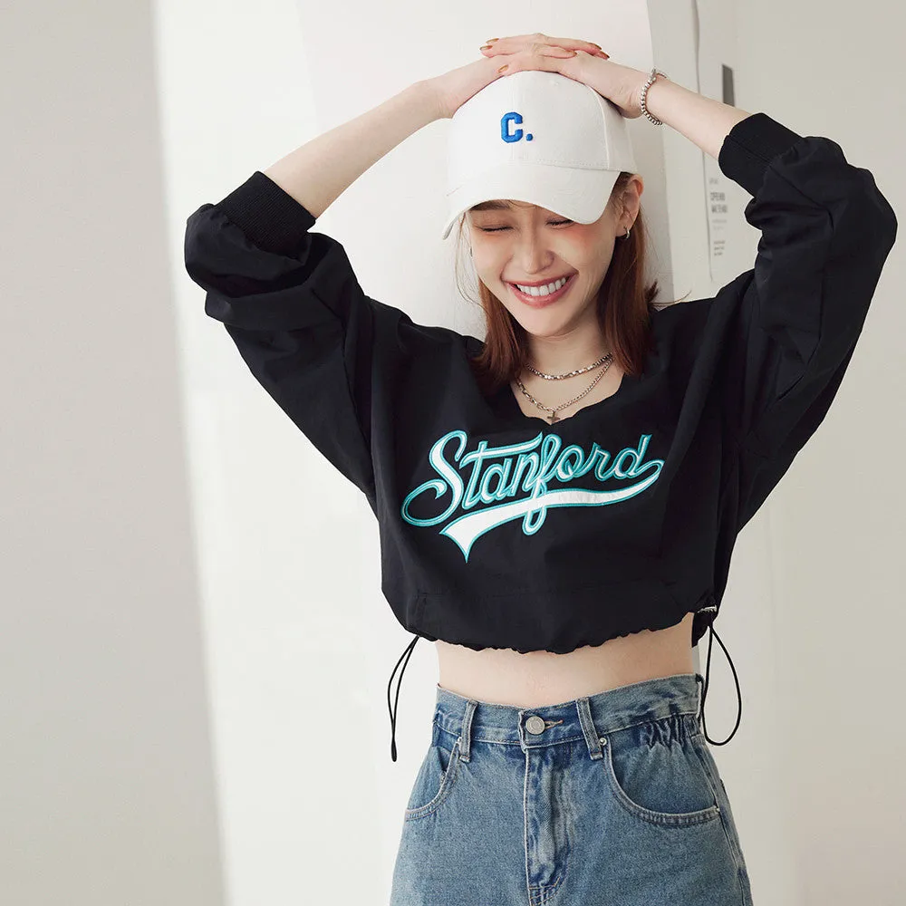 Sporty Stanford Embroidered V-Neck Crop Drawstring Top