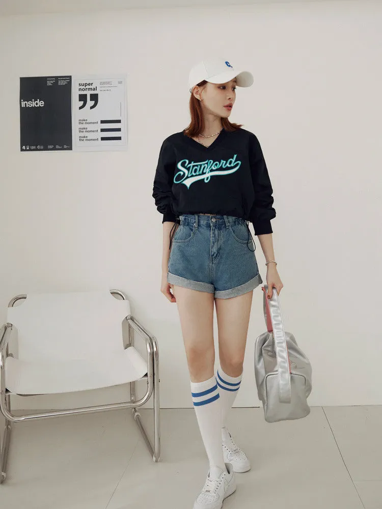 Sporty Stanford Embroidered V-Neck Crop Drawstring Top