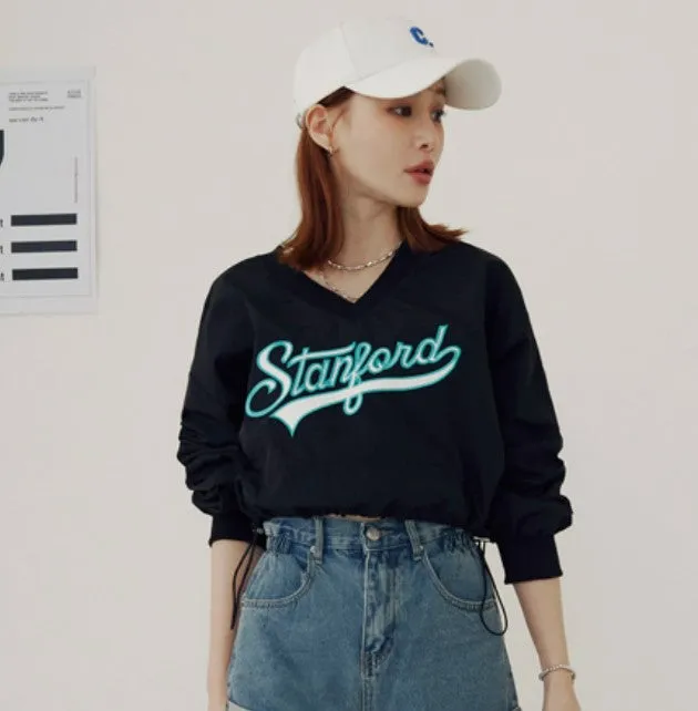 Sporty Stanford Embroidered V-Neck Crop Drawstring Top