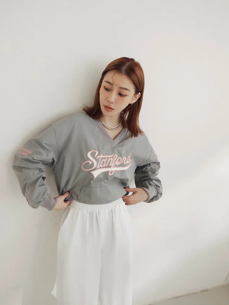 Sporty Stanford Embroidered V-Neck Crop Drawstring Top