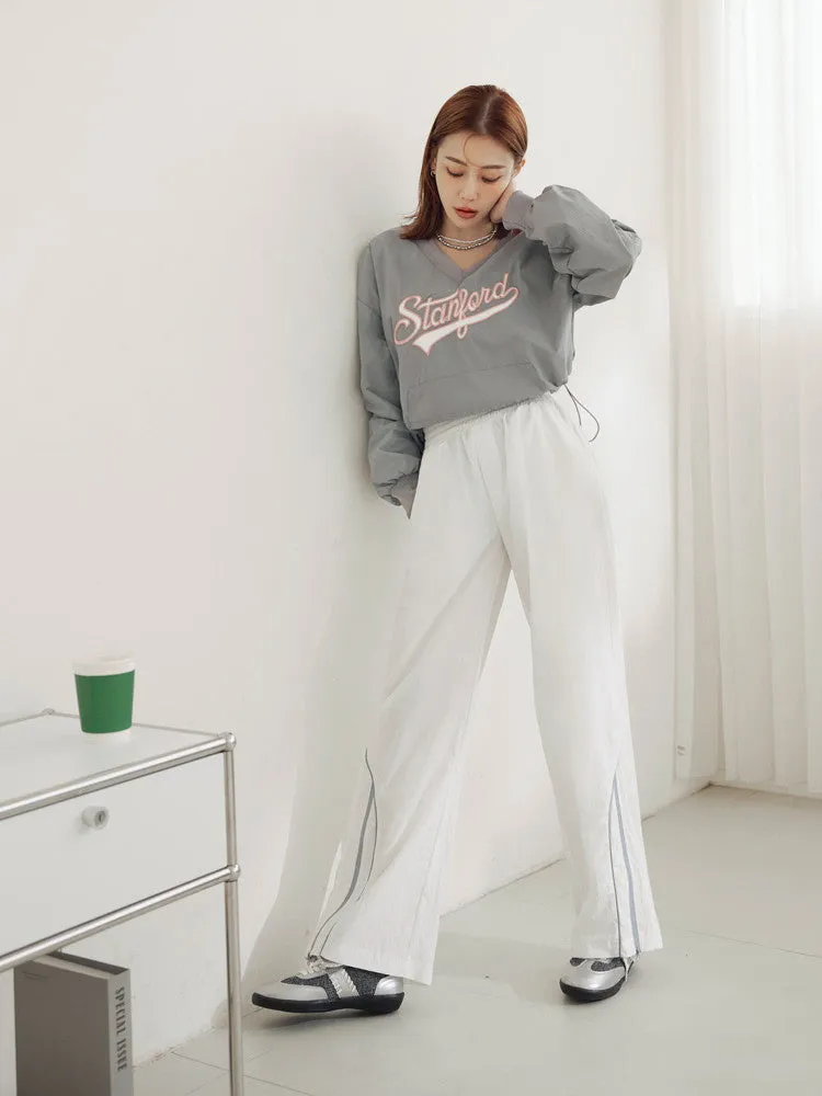 Sporty Stanford Embroidered V-Neck Crop Drawstring Top