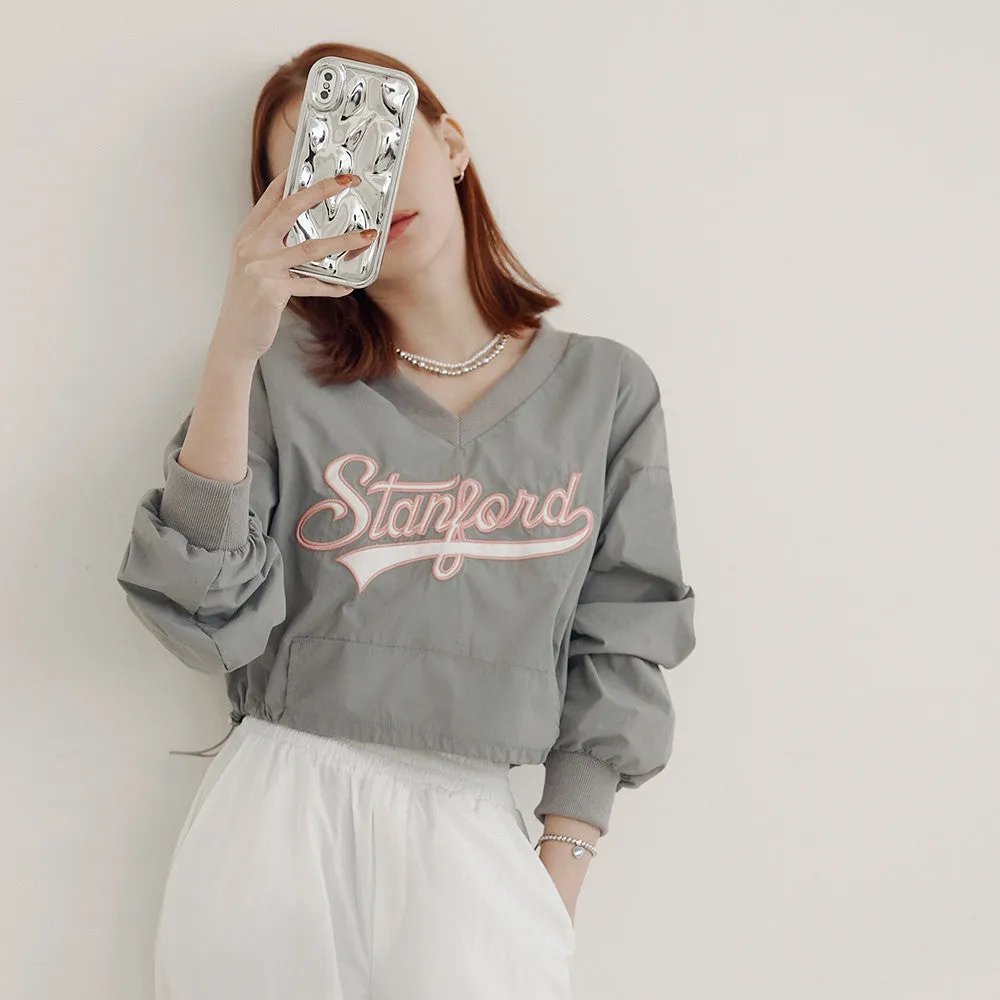 Sporty Stanford Embroidered V-Neck Crop Drawstring Top