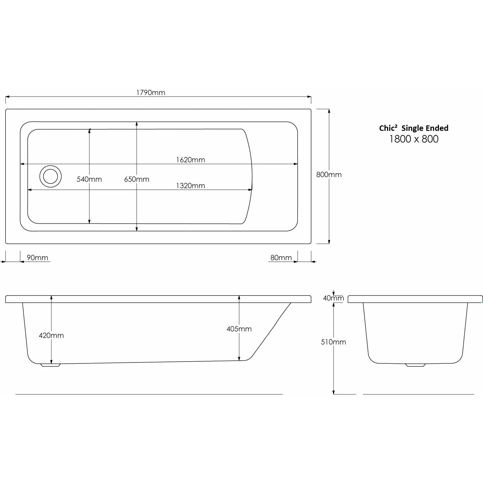 Square Single-Ended Straight Bath - Chic