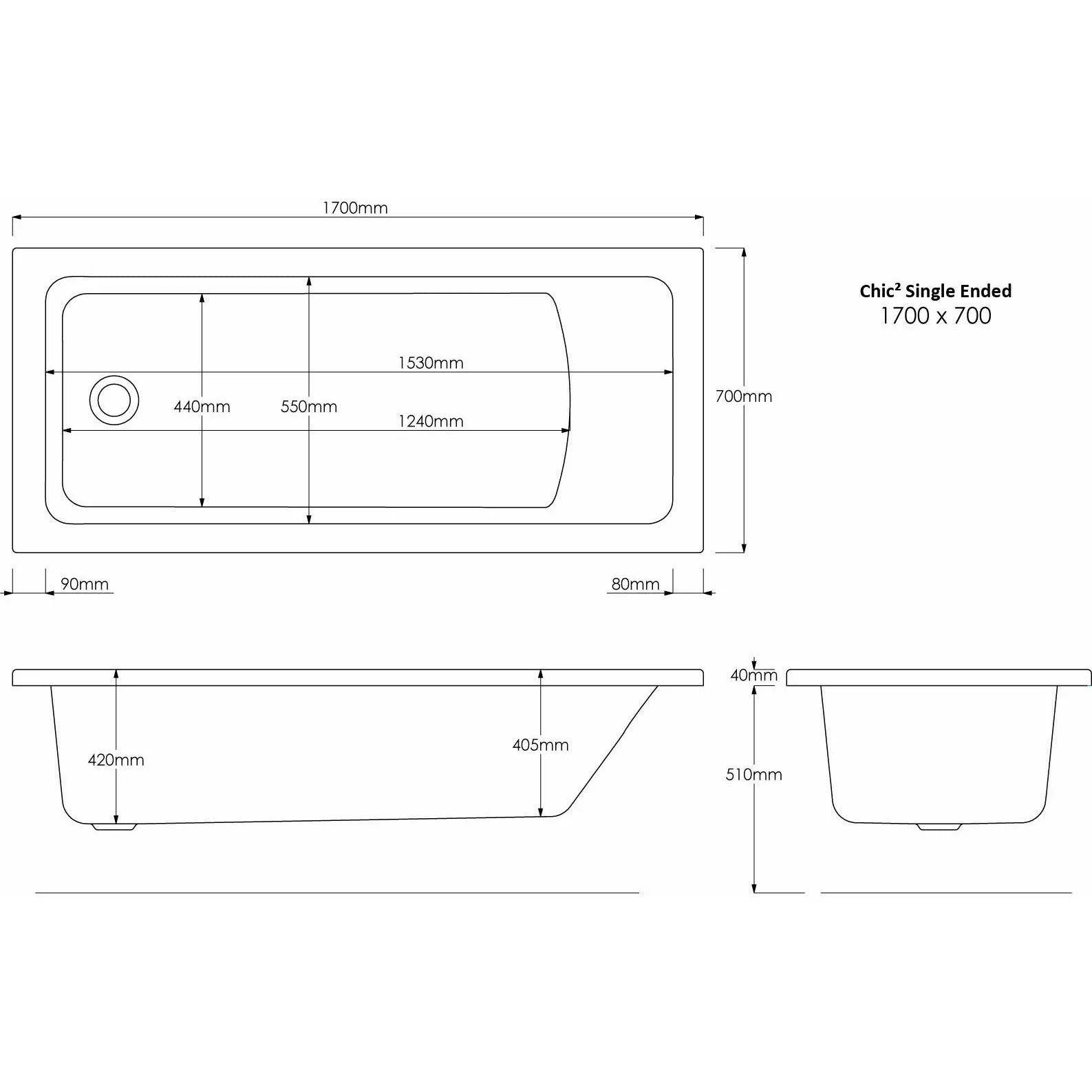 Square Single-Ended Straight Bath - Chic