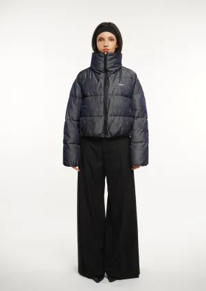 Stand-up Collar Cropped Puffer Jacket Splashproof Denim