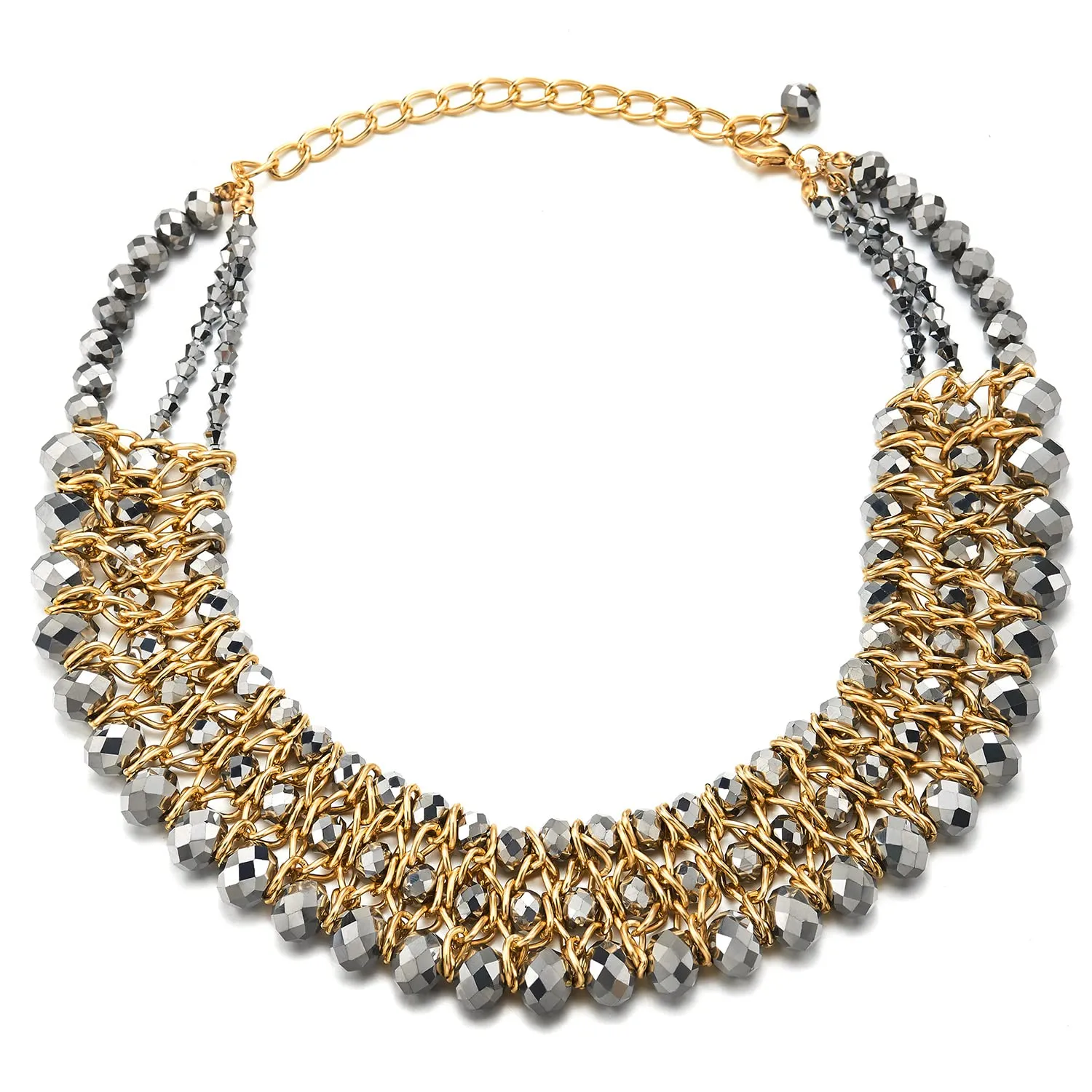 Statement Necklace Black Faceted Crystal Beads String Gold Braided Chain Pendant