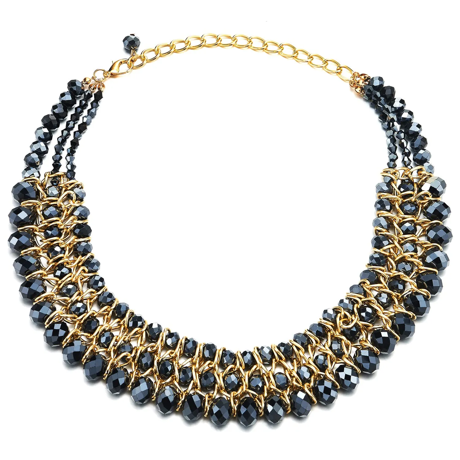 Statement Necklace Black Faceted Crystal Beads String Gold Braided Chain Pendant