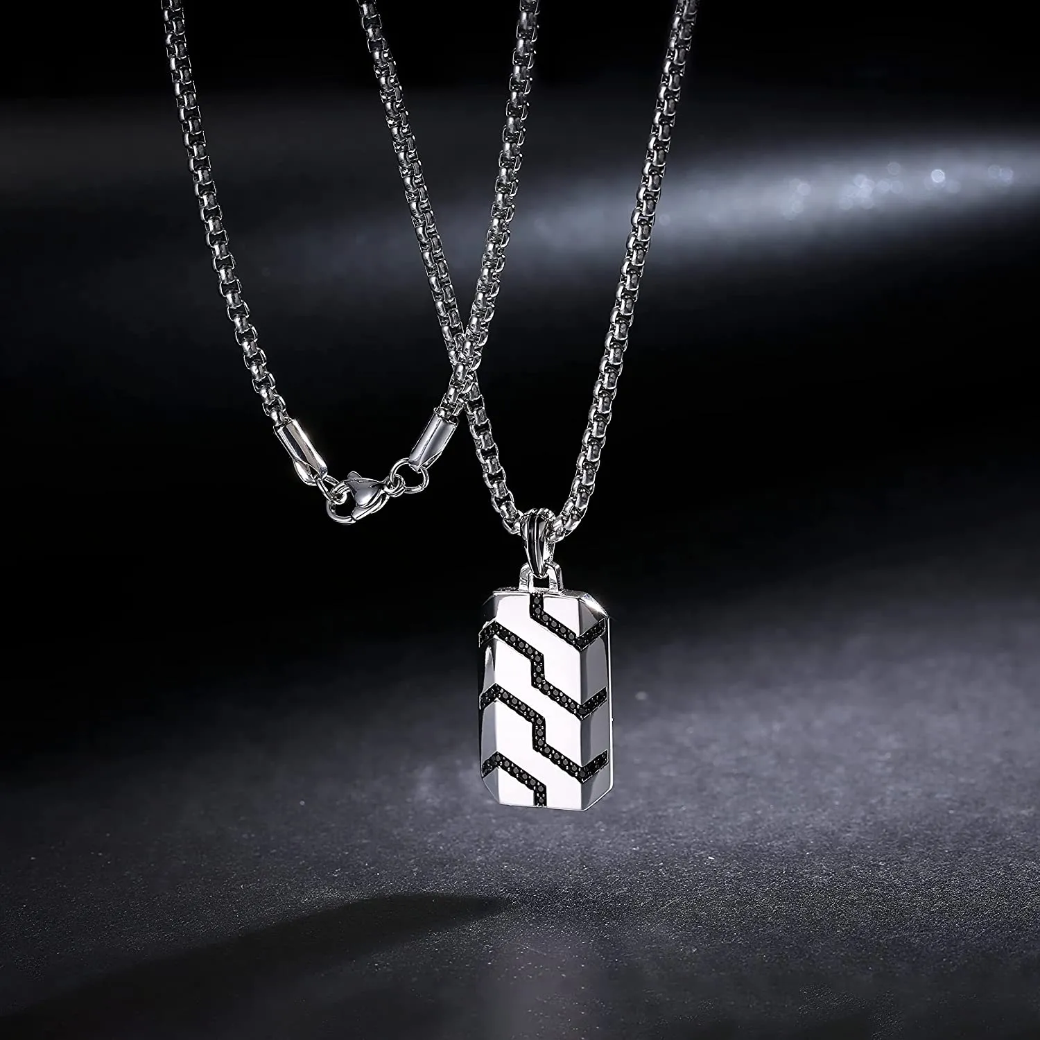 Sterling Silver Mens Black Spinel Classic Chain Dog Tag Pendant On A Stainless Box Chain Necklace 24 Inches