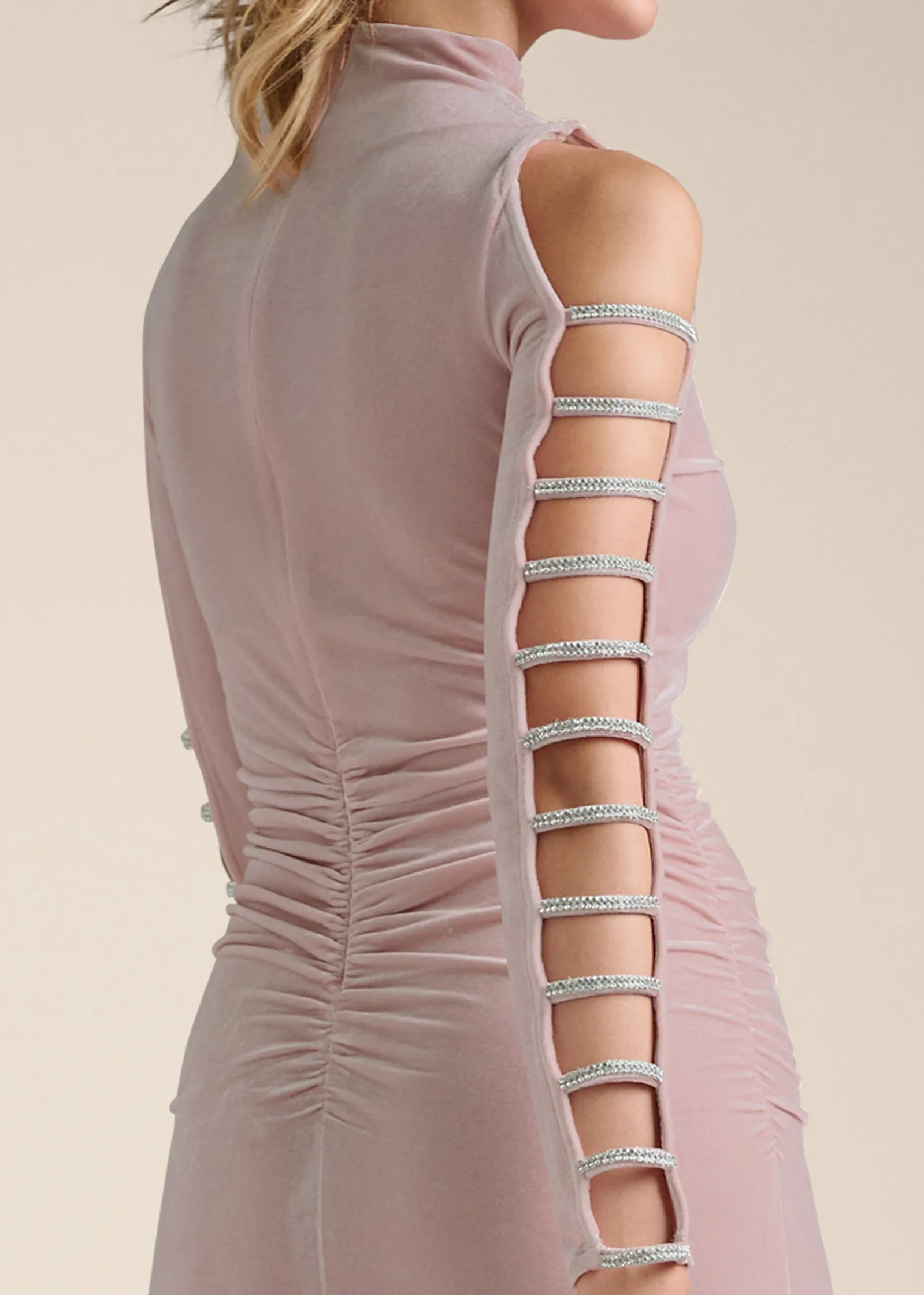 Strappy Sleeve Velvet Dress - Tan