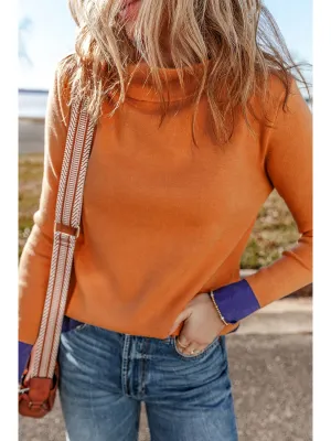 Straw Yellow Color Contrast Edge Mock Neck Slim Fit Sweater