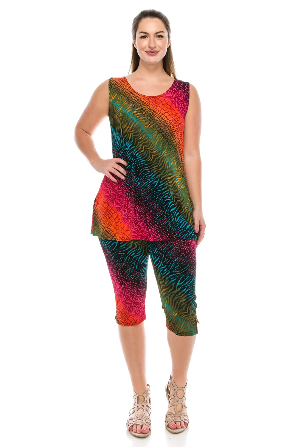 Stretchy Tank Capri Pant Set Print-9002BN-TRP1-W182