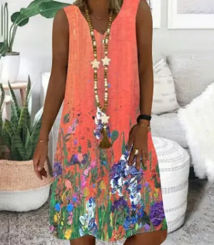 Stripe Pattern 3D Digital Printing V-neck Sleeveless Vest Dress