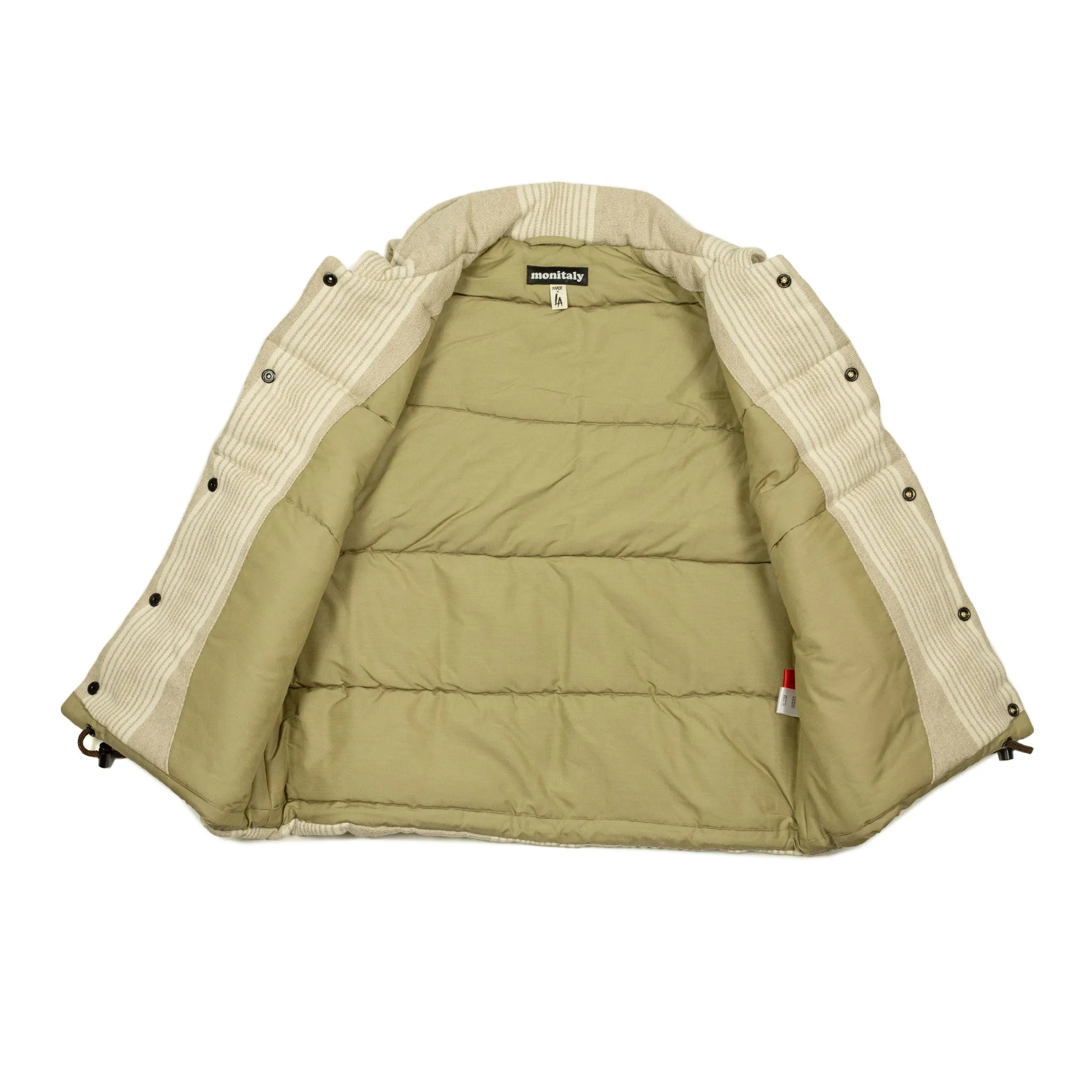 Striped puffer vest in natural linen and cotton canvas