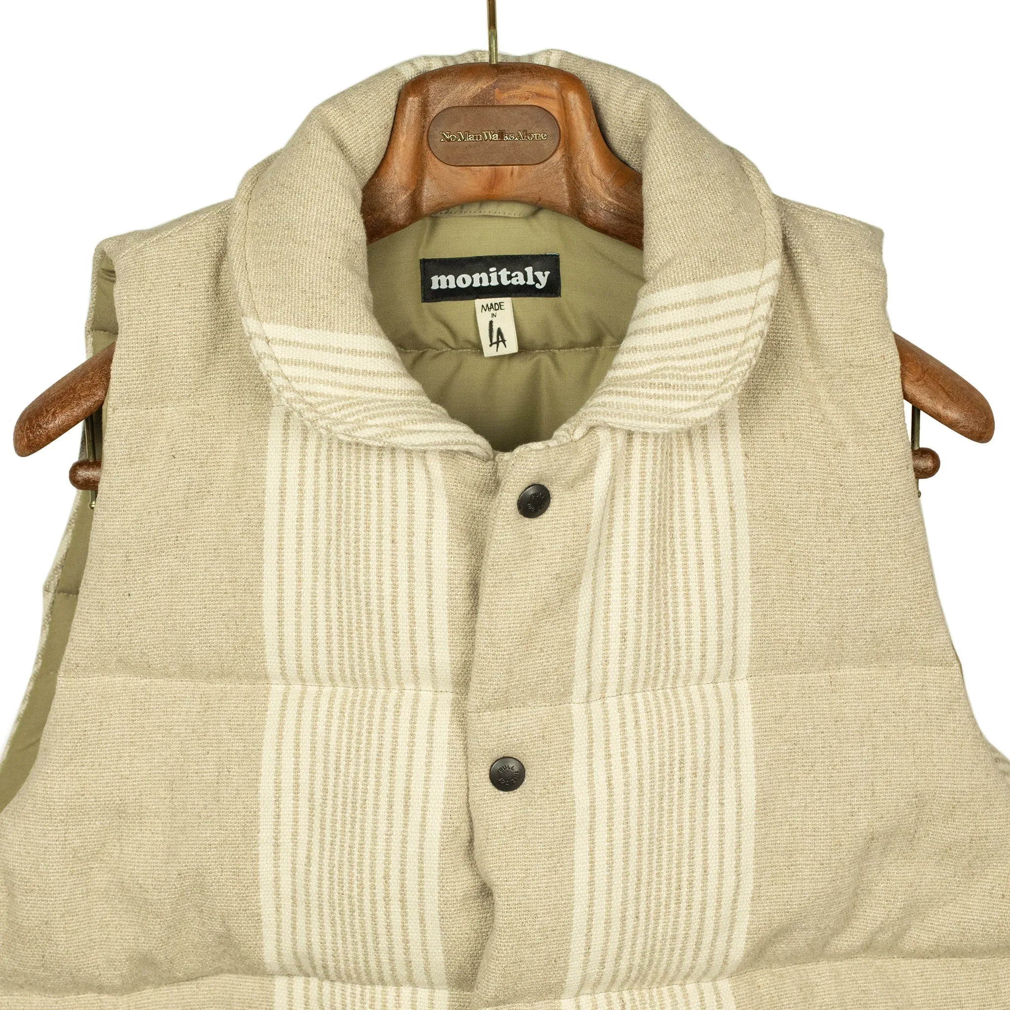 Striped puffer vest in natural linen and cotton canvas