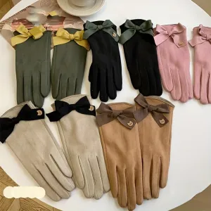 Stylish Bow Decor Gloves Women's Elegant Solid Color Flip Touch Screen Gloves Autumn Winter Outdoor Cold Protection Split Finger Gloves