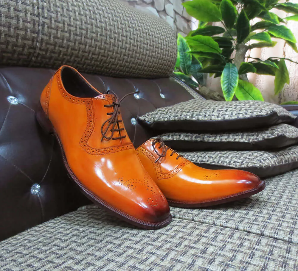 Stylish Men's Handmade Tan Color Brogue Leather Lace Up Dress Shoes