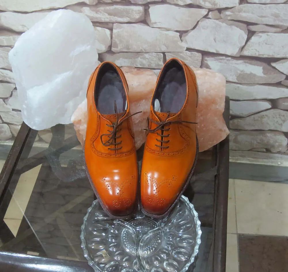Stylish Men's Handmade Tan Color Brogue Leather Lace Up Dress Shoes