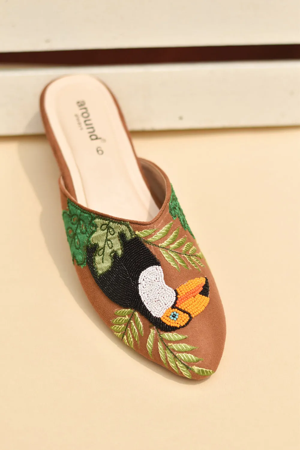 Suede Embroidered Brown Mules