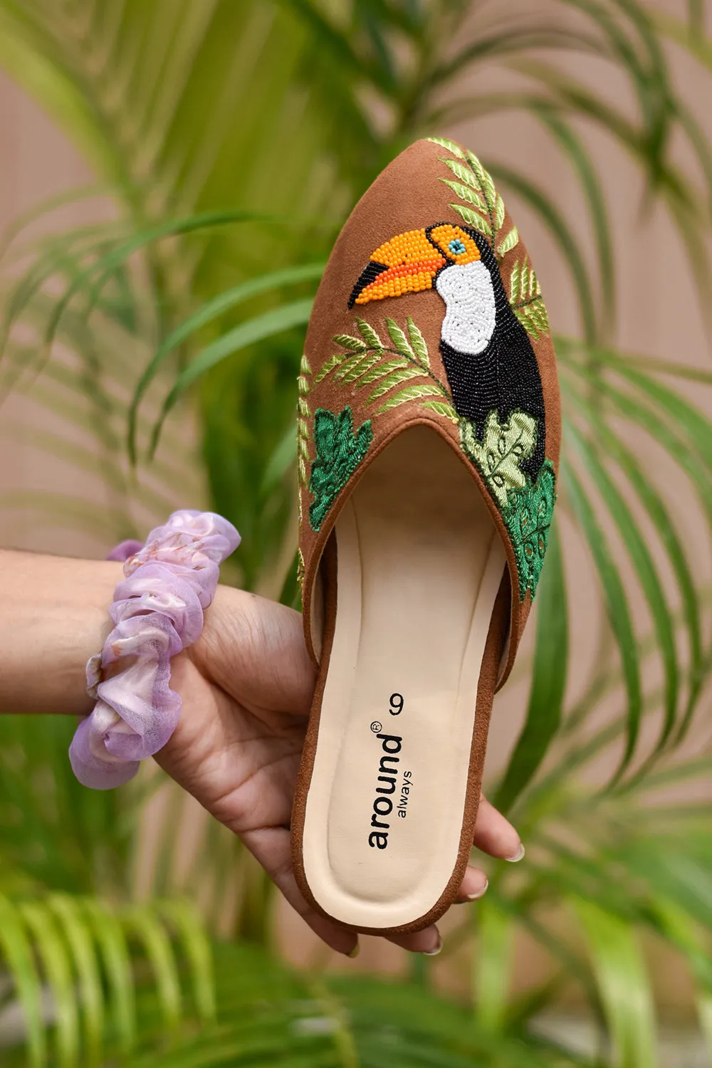 Suede Embroidered Brown Mules