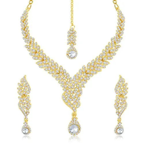 Sukkhi Brass Gold 3 Pieces Strand Necklace With Earrings Set For Women